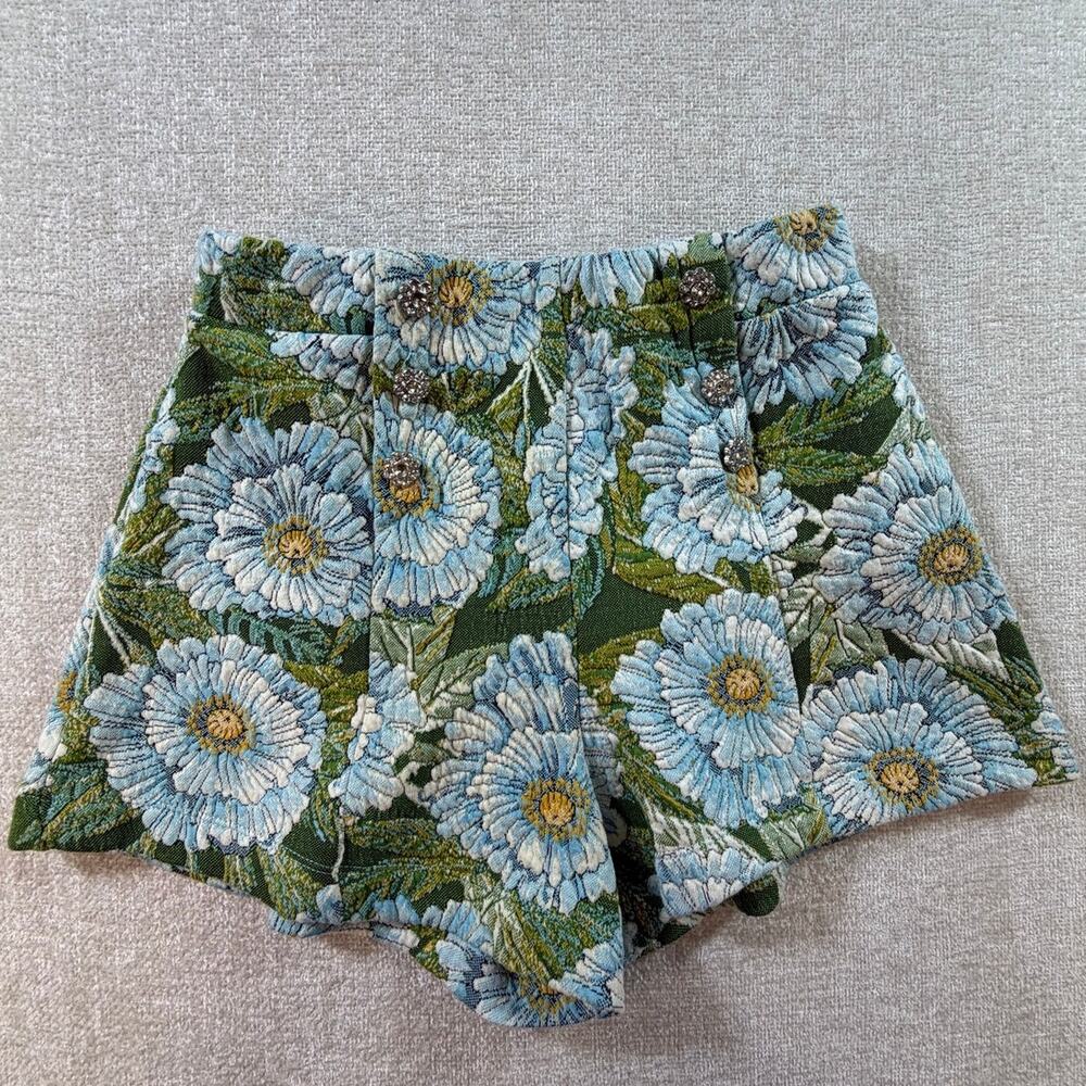 Zara Women Medium Shorts Blue Green NWT Tapestry Floral Cottagecore Artsy